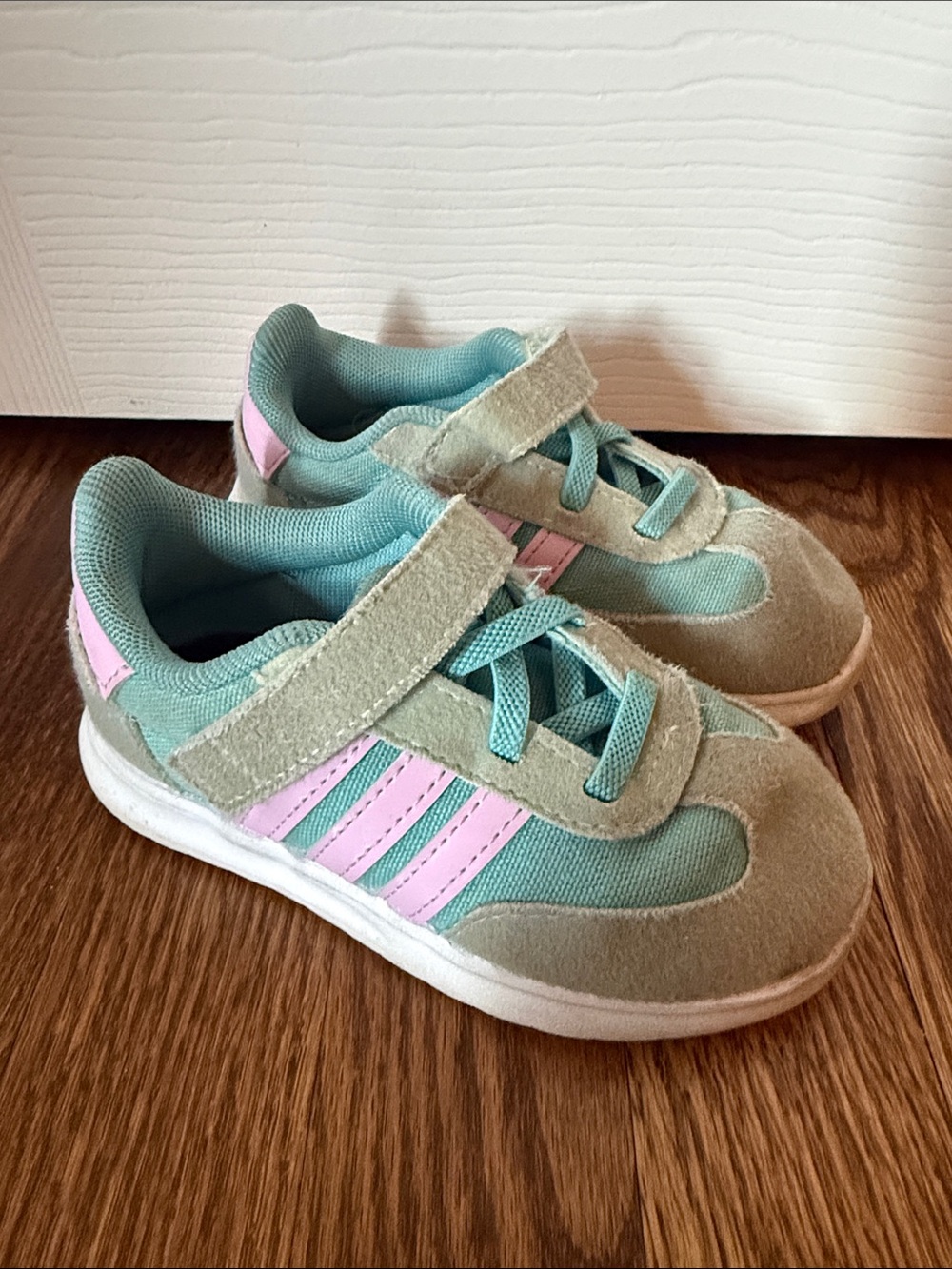 adidas Kids Mint Green & Pink Velcro Athletic Sneakers